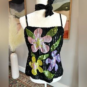 Black Sequin Floral Cami Top + scarf matching set Pink, Yellow & Purple Flowers